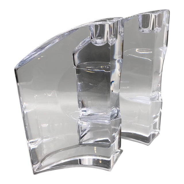 Set Pair of Nambe 7" Crystal Candlesticks Candle Holders Chill David Tisdale For Sale