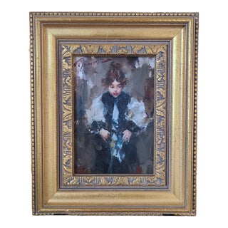Ramon Kelley Oil Painting Portrait of a Young Girl in a Victorian Dress For Sale