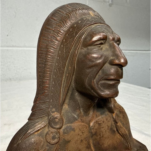 Metal Antique Elaborately Cast Native American Indian Chief Cast Iron Doorstop Statue For Sale - Image 7 of 10
