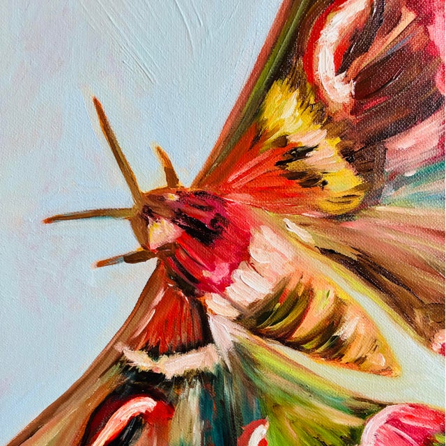 Abstract Moth Original Oil Painting, Pink and Green, Faux Bamboo Frame by Tatiana Duperault For Sale - Image 3 of 5