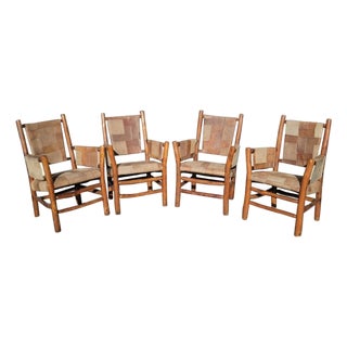Early 20th Century Old Hickory Arm Chairs With Patchwork Leather - Set of Four For Sale