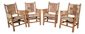 Early 20th Century Old Hickory Arm Chairs With Patchwork Leather - Set of Four