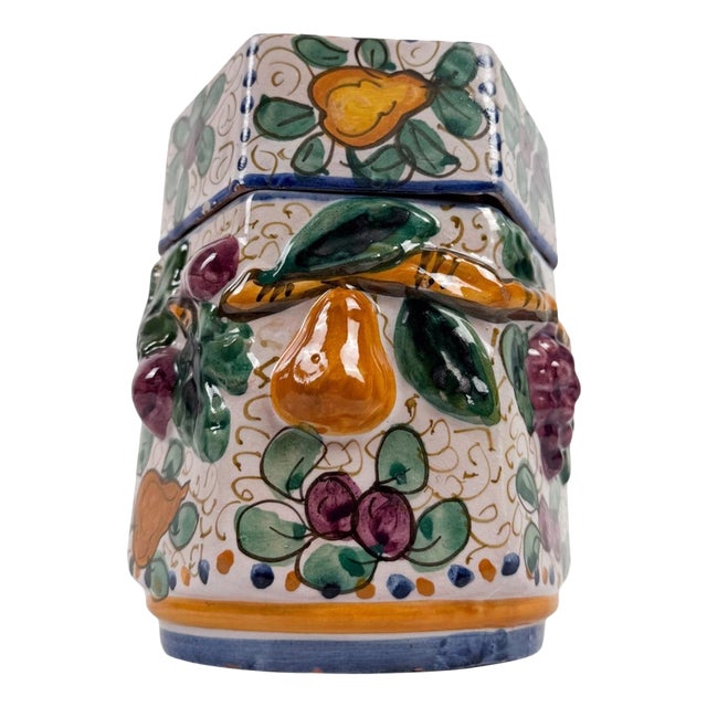 Handcrafted Italian Majolica Ceramic Jar with Fruit Relief Decoration, 30s, 1930s For Sale