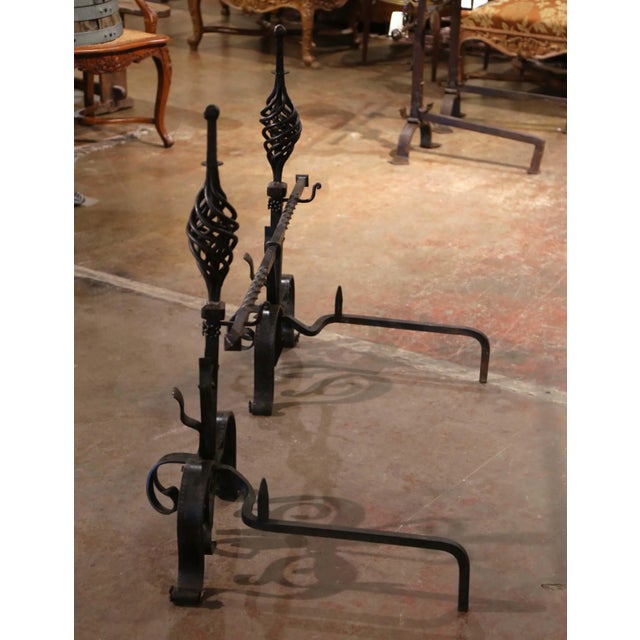 Pair of Mid-19th Century French Gothic Wrought Iron Andirons With Crossbar For Sale - Image 10 of 10