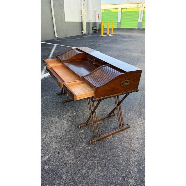 1970s Vintage Campaign Faux Bamboo Desk Tambour Drawers For Sale - Image 5 of 9