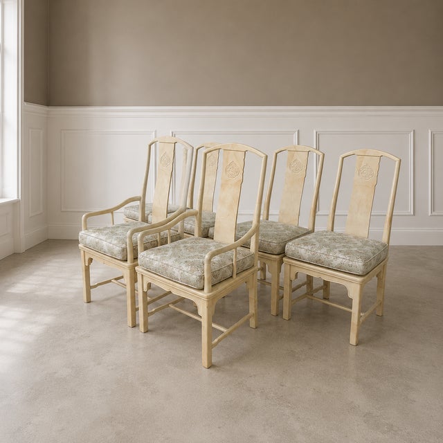 1970s Vintage Late 1970s Set of 6 Henredon Chinoiserie Dining Chairs – Cream Lacquer, Cane Seats, Custom Cushions For Sale - Image 5 of 14