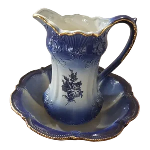 Mid 20th Century Rs Prussia Style Porcelain Pitcher & Wash Basin With Floral Motif