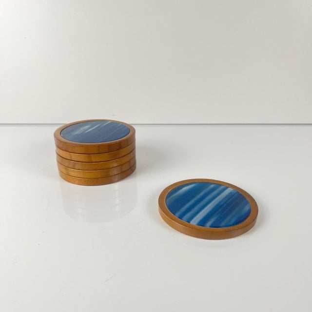 Blue Mid-Century Modern Coasters in Blue Agate and Wood, 1960s, Set of 6 For Sale - Image 8 of 8