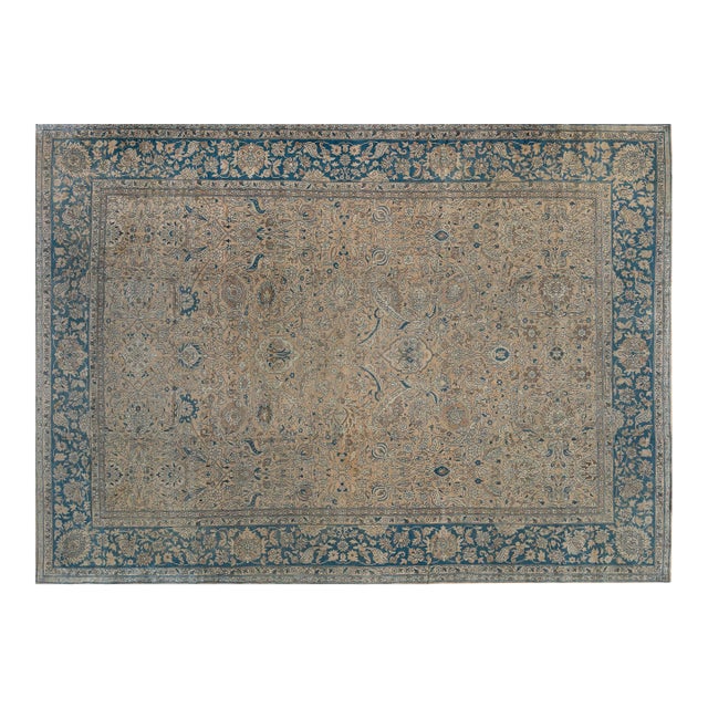 Authentic 19th Century Persian Tabriz Beige, Brown, Blue Handmade Wool Carpet For Sale
