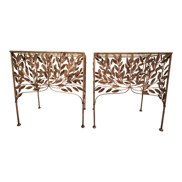 Vintage French Botanical Sweet and Petite Gilded Tole Glass Top Side Tables-a Pair For Sale