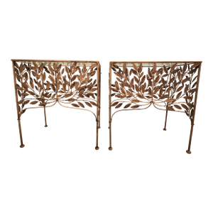 Vintage French Botanical Sweet and Petite Gilded Tole Glass Top Side Tables-a Pair