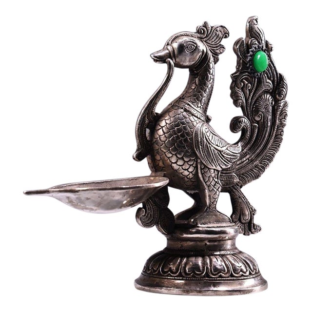 Silver-Plated Phoenix Oil Lamp With Gemstone Inlay, 845g, Figural Bird Ewer For Sale