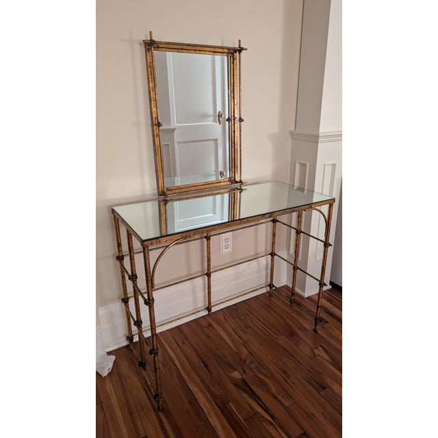 Chinoiserie gold vanity with mirror. Rope accents and mottled gold leafing. Hollywood Regency glam style in this set....