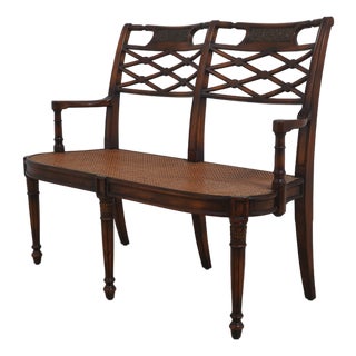 Theodore Alexander Regency Mahogany Brass Inlaid Cane Seat Bench For Sale