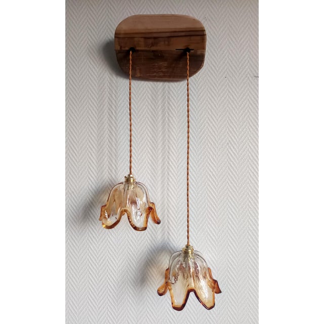 Vintage Murano glass duo pendant light, circa 1970. This pendant light features two transparent tulip-shaped Murano glass...