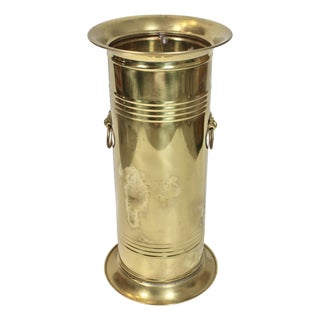 1960s English Brass Umbrella Stand With Lion’s Head Handles For Sale