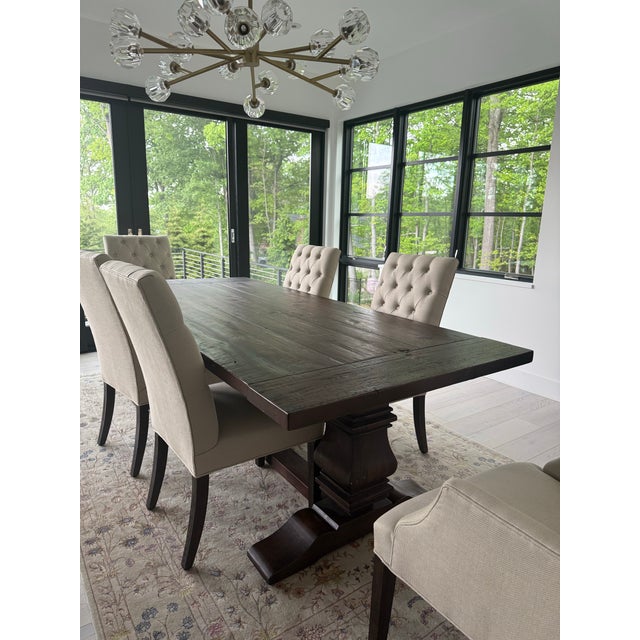 Contemporary Restoration Hardware Salvaged Wood Trestle Extension Dining Table With 6 Bennett Parsons Chairs For Sale - Image 3 of 12