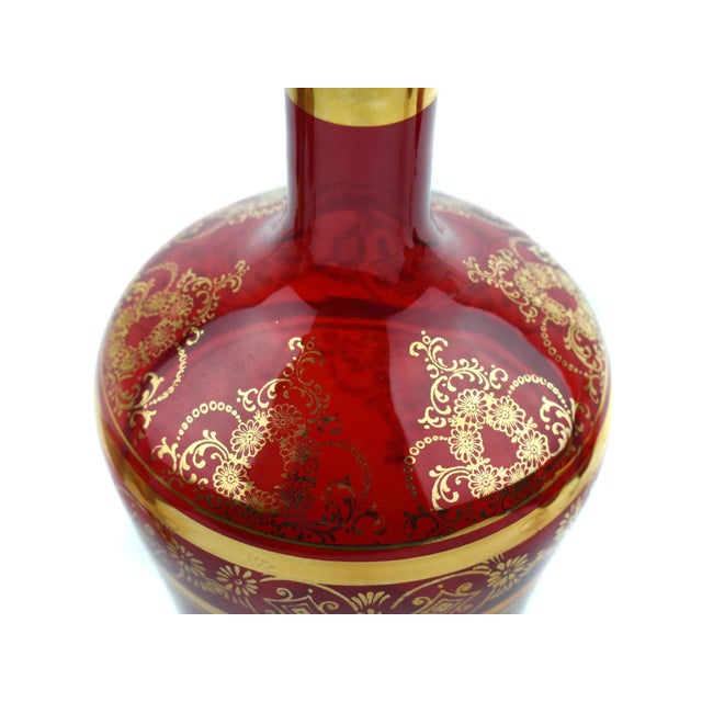 Mid 20th Century Venetian Ruby Red Glass With Gold Trim and Motif Decanter and Wine Glasses- Set of 7 For Sale - Image 4 of 11