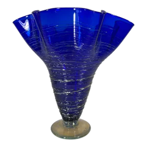 John Cook Art Glass Cobalt Blue Handkerchief Vase Signed
