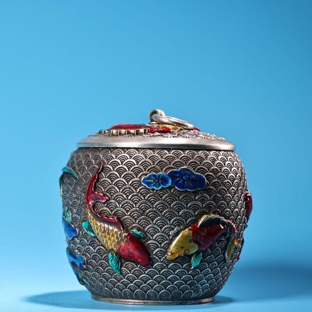 Traditional Vintage Silver and Enamel Lidded Jar With Koi Fish and Lotus Motif For Sale - Image 3 of 9