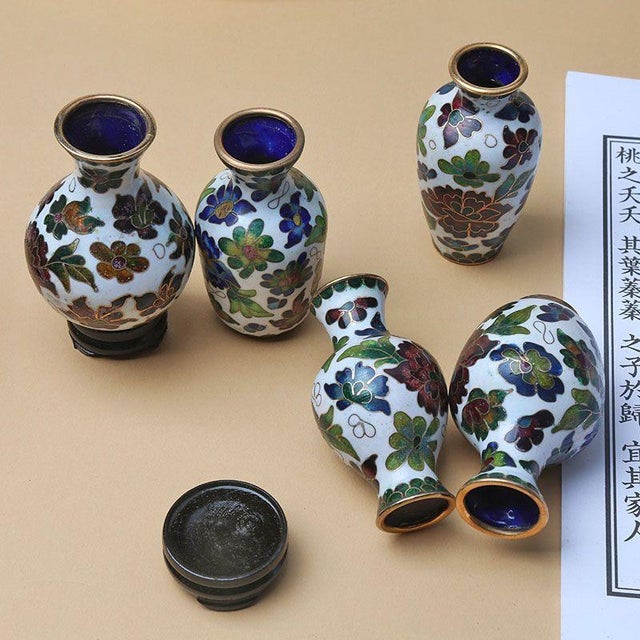This is a charming set of five vintage cloisonné enamel miniature vases, crafted using the special "silver-blue" technique...