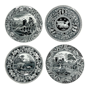 Set of 4 Vintage Spode Black and White 10.5" Decorative Dinner Plates. The Archive Collection.