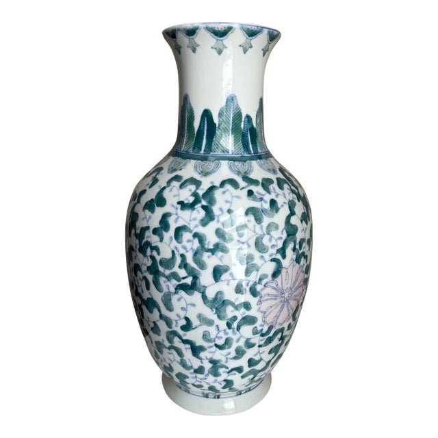 Vintage Mid 20th Century Chinese Chinoiserie Style Hand-Painted 16" Floral Vase For Sale