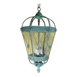 Vintage Style Solid Brass Verdigris Hanging Lantern - Restored & Rewired / 23”h For Sale