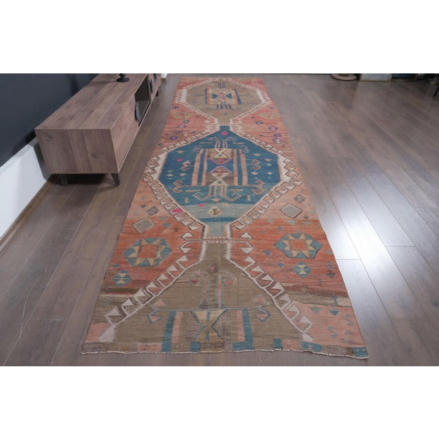 Textile 1970s Vintage Handwoven Turkish Runner - Terracotta & Teal Medallion Rug For Sale - Image 7 of 8