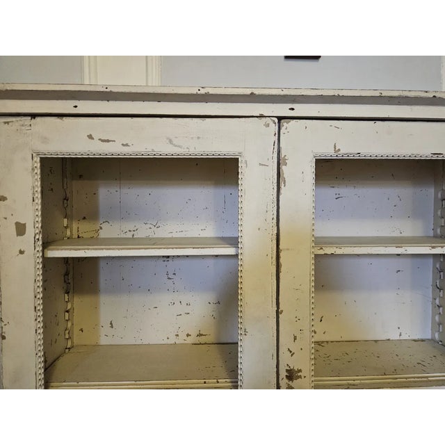 Late 19th Century Antique French Hand-Painted Bookcase/Cabinet - Distressed White, Beaded Trim, Double Door For Sale - Image 5 of 8