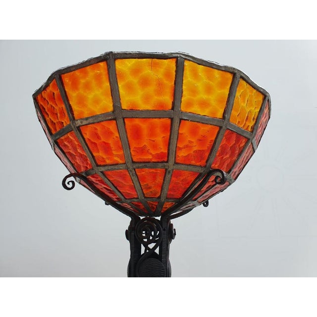 Art Deco Lamp in Forged Iron and Red Stained Glass, 1930 For Sale - Image 6 of 14