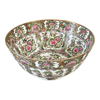 Chinoiserie Rose Medallion Porcelain Large Bowl 14" Diameter For Sale