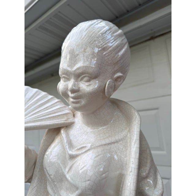 Late 20th Century Large Blanc De Chine Crackle Glazed Terracotta Female Figure on Pedestal For Sale - Image 4 of 11