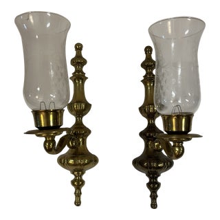 1940s Brass Wall Candle Sconces With Etched Glass Shades - a Pair For Sale