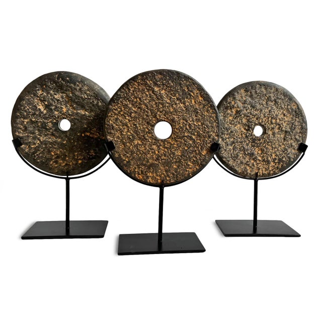 Late 20th Century Vintage Modern Rustic Black Stone Chiseled Disk on Stand Small For Sale - Image 5 of 7