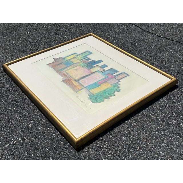 Wood Original 1979 Pastel + Gouache on Paper - Colorful Cityscape in Exceptional Gallery Frame For Sale - Image 7 of 12