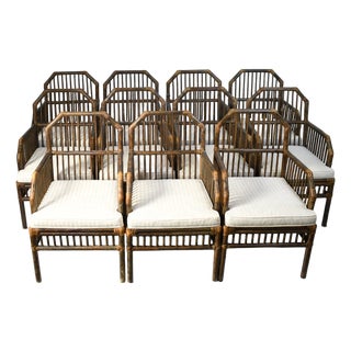 Set of 11 Brown Rattan Arm Dining Chairs For Sale
