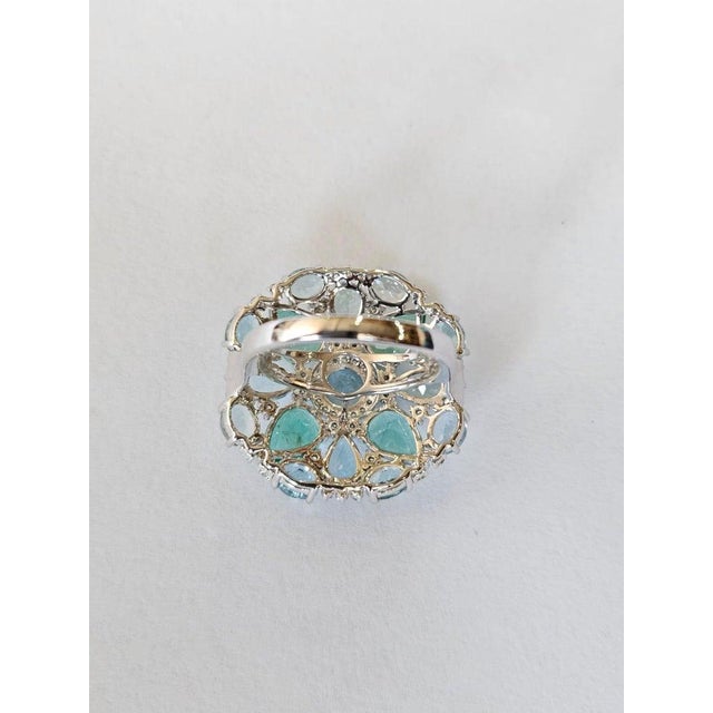 Blue Set in 18k White Gold, Aquamarines, Colombian Emeralds & Diamonds Cocktail Ring, Us Size 6 For Sale - Image 8 of 9
