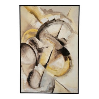 Mid-Century Modern Cubist Painting in Browns and Neutrals Original Artwork in Custom Black Frame 1960s For Sale