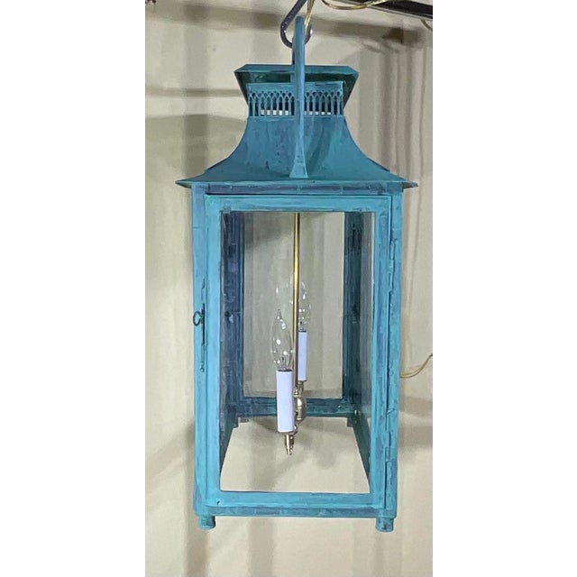 One of a Kind Hand-Painted Turquoise Hanging Lantern Steel & Solid Brass For Sale - Image 10 of 18