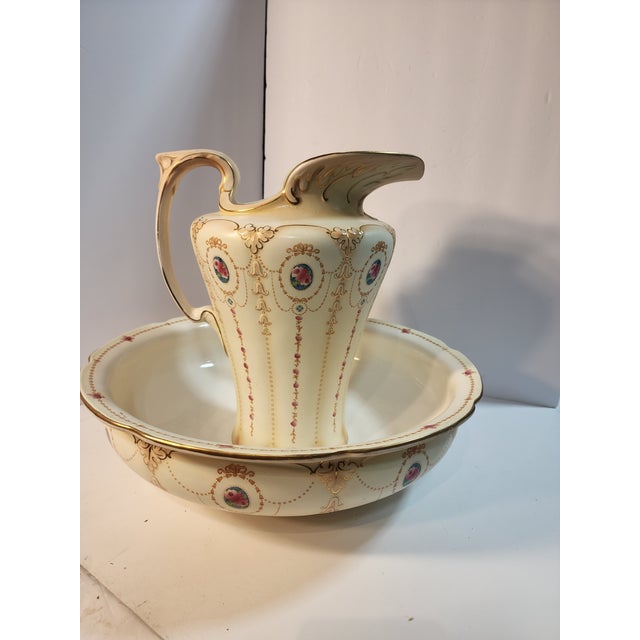 Ceramic F. Winkle & Co. Hand Painted Antique Bowl and Pitcher For Sale - Image 7 of 9