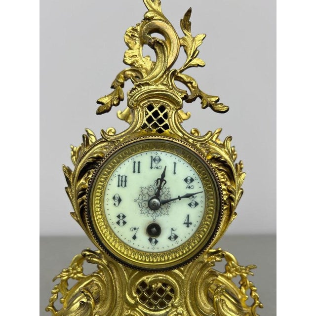 French Ornate Brass Mantel Clock with Key For Sale - Image 6 of 16