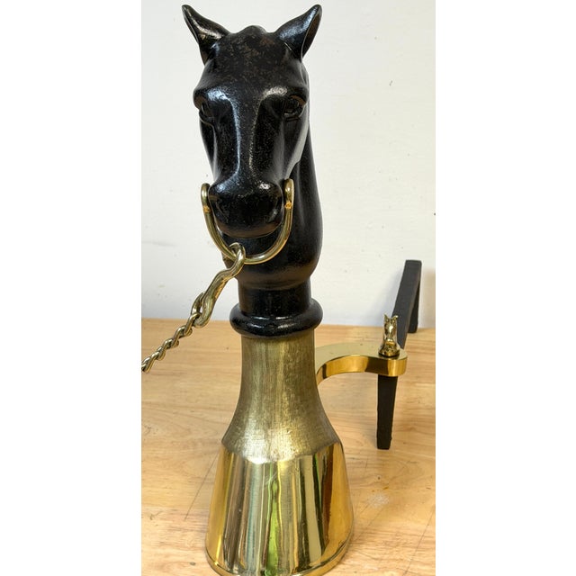 19th Century English Brass & Iron Horse Motif Andirons with Removable Chain For Sale - Image 11 of 18