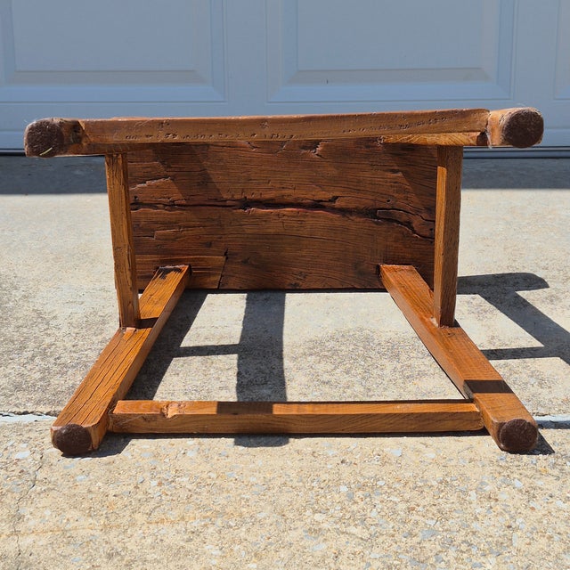 Vintage Rustic Asian Hand-Hewn Elm Wood Saddle Seat Low Stool For Sale - Image 9 of 10