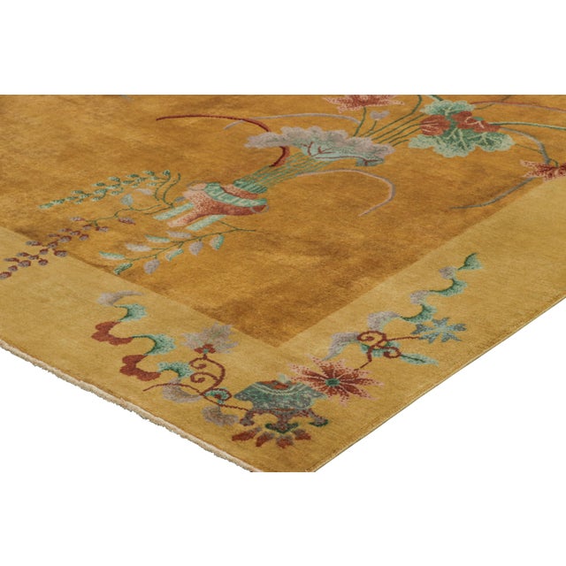 2010s Rug & Kilim’s Chinese Art Deco Style Rug in Gold, Floral Patterns and Pictorials For Sale - Image 5 of 7