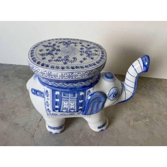 Vintage Handmade Blue & White Ceramic Elephant Garden Stool For Sale - Image 4 of 12