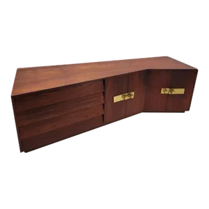 Mid Century Modern Campaign Style Sculptural Walnut Credenza