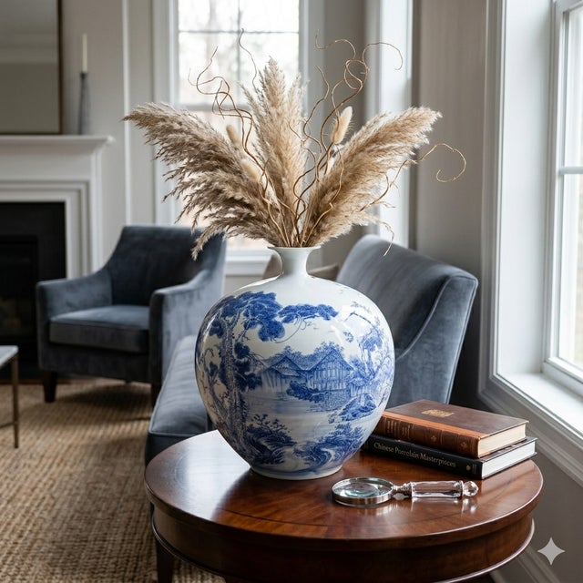 Chinese Blue White Handpaint Mountain Tree Scenery Porcelain Vase For Sale - Image 10 of 10