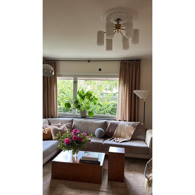 Mid-Century Modern Swedish Semi Flush Mount Chandelier in Brass and Opaline Glass by Gert Nystrom for Fagerhult and Orrefors, 1960 For Sale - Image 11 of 11