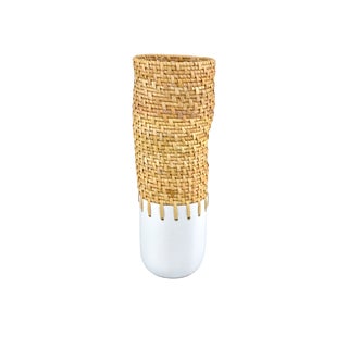 Currey & Company Kyoto Rattan & White Vase For Sale